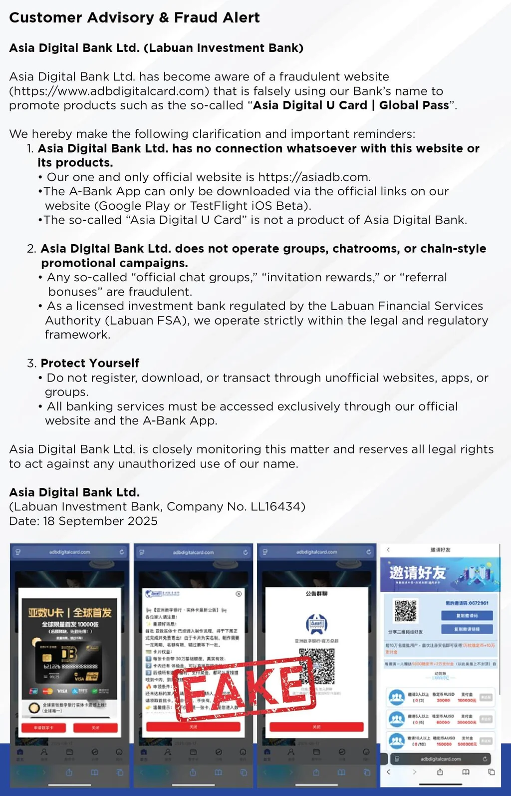 Customer Advisory & Fraud Alert from Asia Digital Bank Ltd., dated 18 September 2025, warning that adbdigitalcard.com and the so-called Asia Digital U Card are fraudulent.